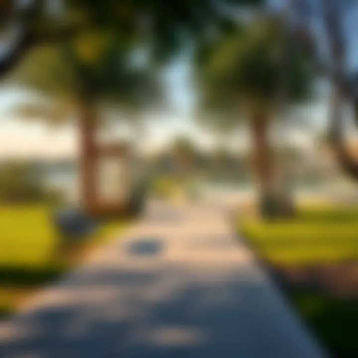 Walking paths and benches at Al Nahda Pond Park inviting relaxation