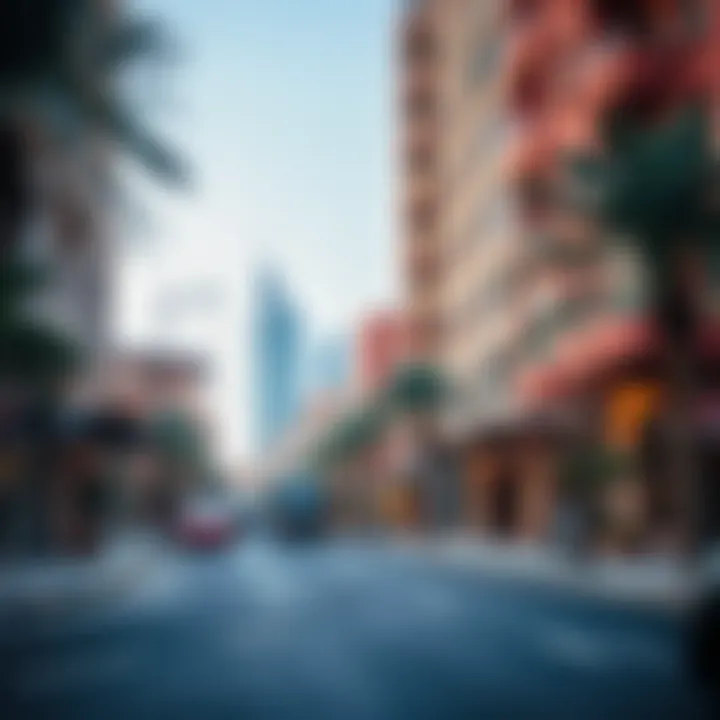 A vibrant neighborhood in Dubai featuring various buildings with culturally significant names.