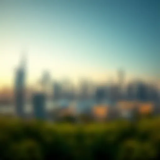 A panoramic view showcasing the iconic skyline of Dubai with unique building names.