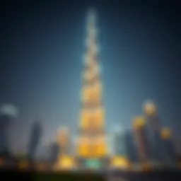 A stunning view of the Burj Khalifa illuminated at night during the light show.