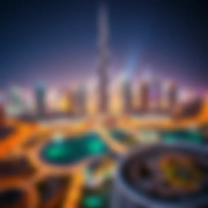 A panoramic shot of the Dubai skyline featuring the Burj Khalifa and surrounding area during a light show.