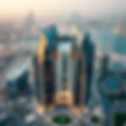 A stunning aerial view of برج مي showcasing its modern design against the Dubai skyline.
