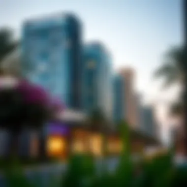 A vibrant neighborhood scene surrounding برج مي, highlighting its integration into the urban landscape.