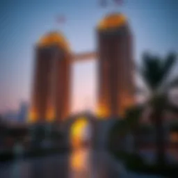 A panoramic view of the city gate towers shimmering against the evening sky.