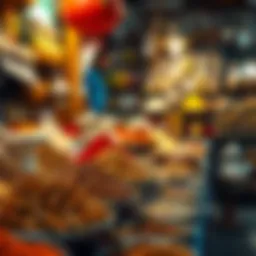 A vibrant market scene showcasing traditional spices and ingredients