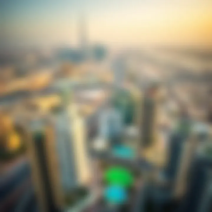 Panoramic view of Dubai skyline from Al Moosa Tower 2 demonstrating its landmark position