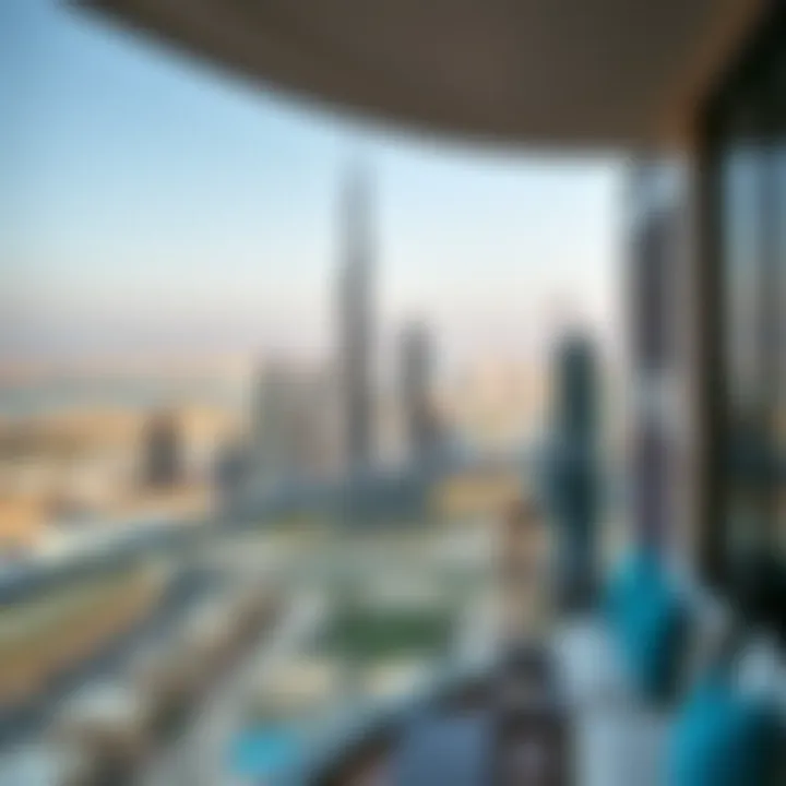 Panoramic Skyline View from a Balcony A panoramic view of Dubai's skyline from a high-rise balcony