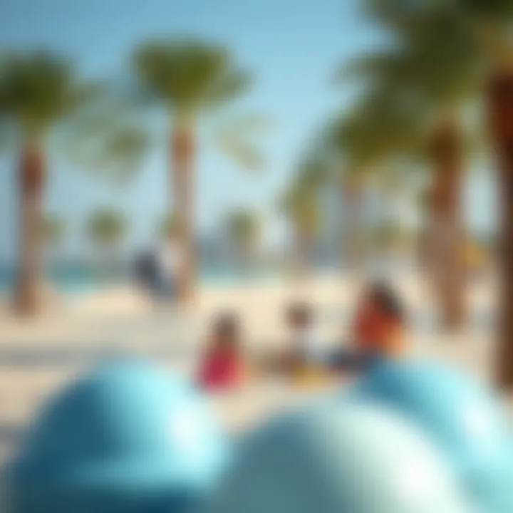 Families enjoying a picnic under the palm trees at Mamzar Beach