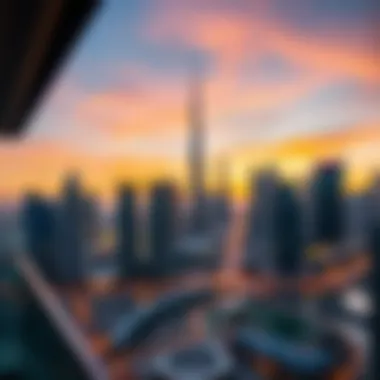 Breathtaking Dubai Skyline at Dusk Scenic view of Dubai skyline at sunset