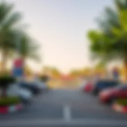 Scenic view of a free parking area in Dubai showcasing lush landscapes and clear signage.
