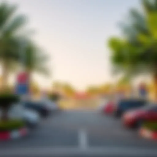 Scenic view of a free parking area in Dubai showcasing lush landscapes and clear signage.