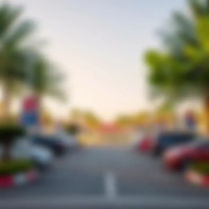 Scenic view of a free parking area in Dubai showcasing lush landscapes and clear signage.