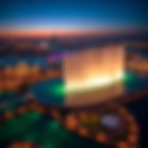 Aerial view of the Dubai Fountain Show illuminated at night