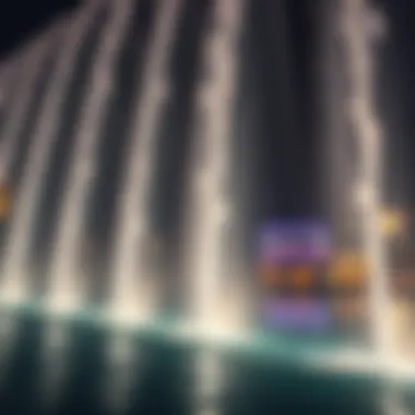 Close-up of water jets during the Dubai Fountain Show synchronized with music