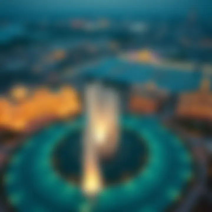 Aerial view of Festival City showcasing the fountain