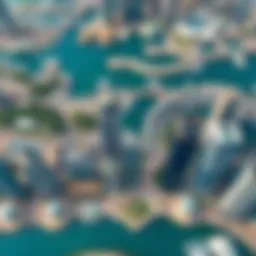 Aerial view of Business Bay showcasing modern skyscrapers and waterways