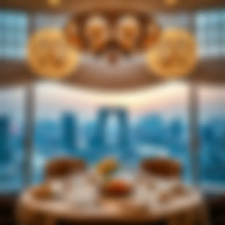 Elegant dining setup with city skyline view during New Year