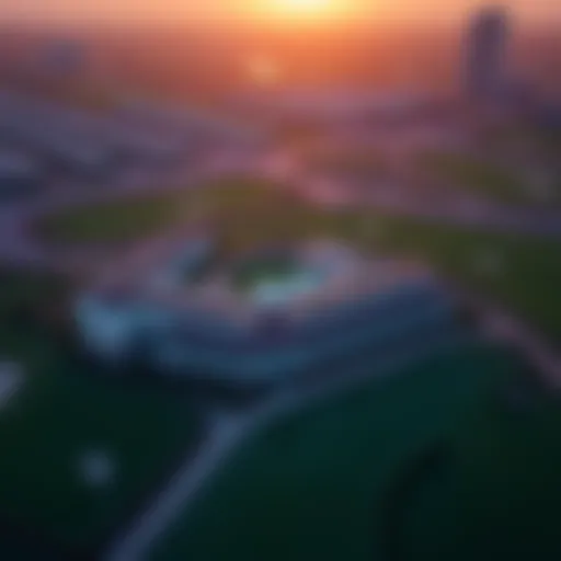 Aerial view of The Montgomerie Dubai showcasing its lush greens and pristine layout
