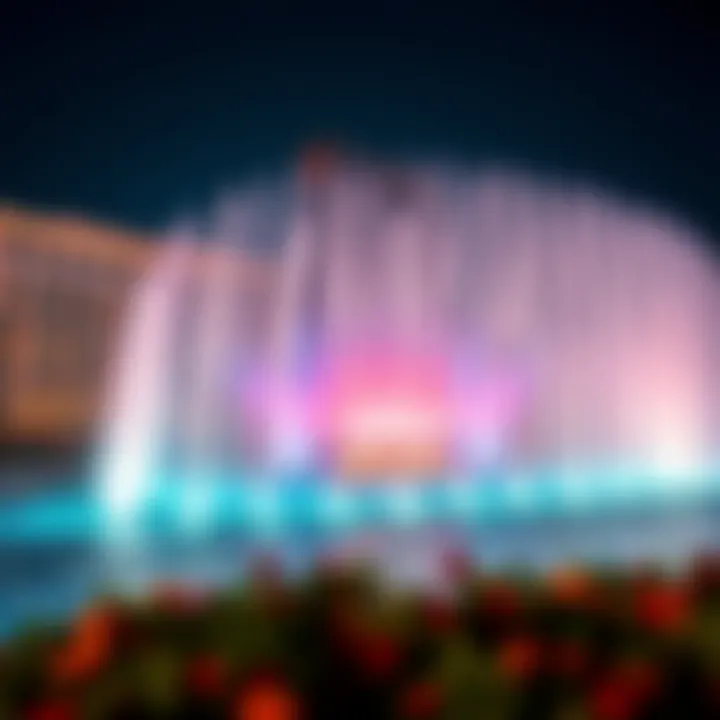 Vibrant nighttime illumination of the Dubai Mall Fountain Nighttime illumination of the Dubai Mall Fountain with colorful lights