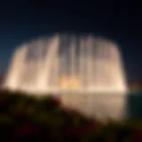 A stunning view of the Dubai Fountain illuminated at night