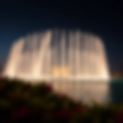A stunning view of the Dubai Fountain illuminated at night